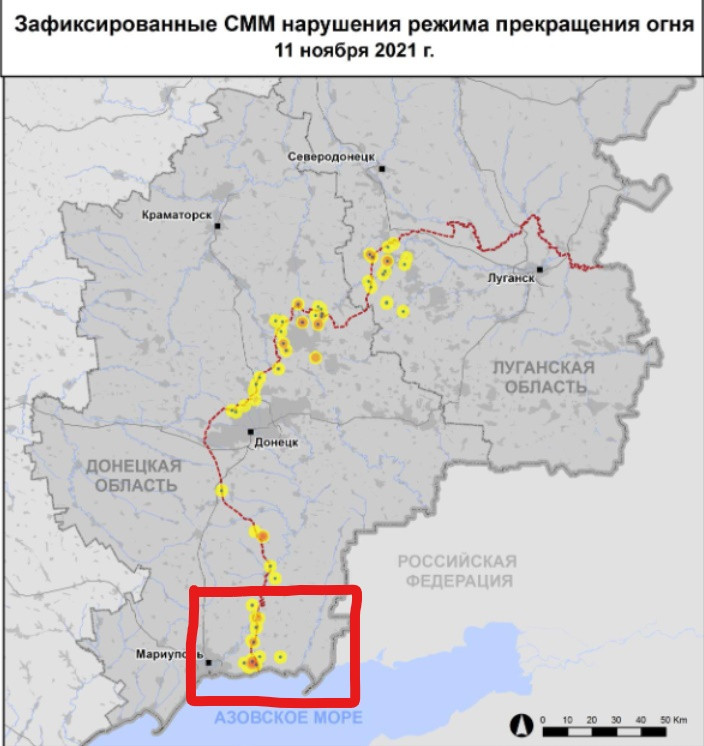 Đánh giá trên bản đồ cho thấy, khu vực này hứng chịu nhiều đợt tấn công mạnh mẽ nhất từ Quân đội Ukraine. Đồng thời, các chuyên gia cũng lưu ý rằng, khi đã tiếp cận được Biển Azov, Quân đội Ukraine sẽ có thể nhanh chóng chuyển lực lượng của họ tới biên giới Nga, để tiếp tục bao vây lực lượng DPR. 