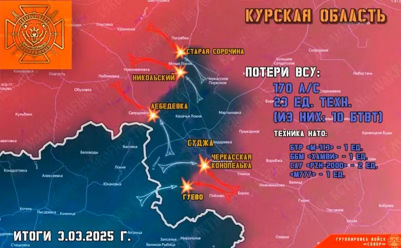 Kênh Telegram Northern Wind đưa tin, các đơn vị đổ bộ đường không thuộc Cụm quân phía Bắc của quân đội Nga (RFAF) tiếp tục tiến công ở vùng rừng trên biên giới của khu vực Kursk (Nga) và Sumy (Ukraine). Các mũi tấn công của Nga ở Sumy đã tiến sâu vào trong lãnh thổ Ukraine hơn 1km và họ không ngừng củng cố vị trí qua mỗi ngày.