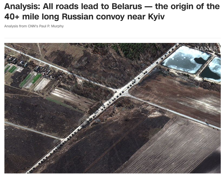 Trong khi đó, đoàn xe khổng lồ của quân đội Nga đang tiếp cận thủ đô Kyiv đã không đạt được tiến bộ đáng kể trong 24 đến 36 giờ qua. Sự chậm trễ có thể là do đội hình hành quân quá dài. Ngoài ra là những những thách thức đối với khả năng hậu cần và hỗ trợ.