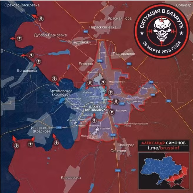 Hiện tại, giao tranh ở trung tâm Bakhmut chủ yếu tập trung xung quanh Đại lộ Trung tâm và Phố Liberty, phần phía nam của Phố Liberty là tòa nhà hành chính thành phố vừa bị quân Wagner tràn ngập, trong khi phần phía bắc của Phố Liberty hiện vẫn còn do quân đội Ukraine kiểm soát.