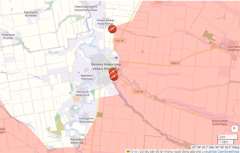 Chắc chắn, quân Nga không chỉ chọc thủng phòng tuyến của quân Ukraine, mà còn nhanh chóng tiến tới 20 km, chiếm một vùng đất rộng lớn, thậm chí còn áp sát vùng ngoại ô Velika Novosilka. 