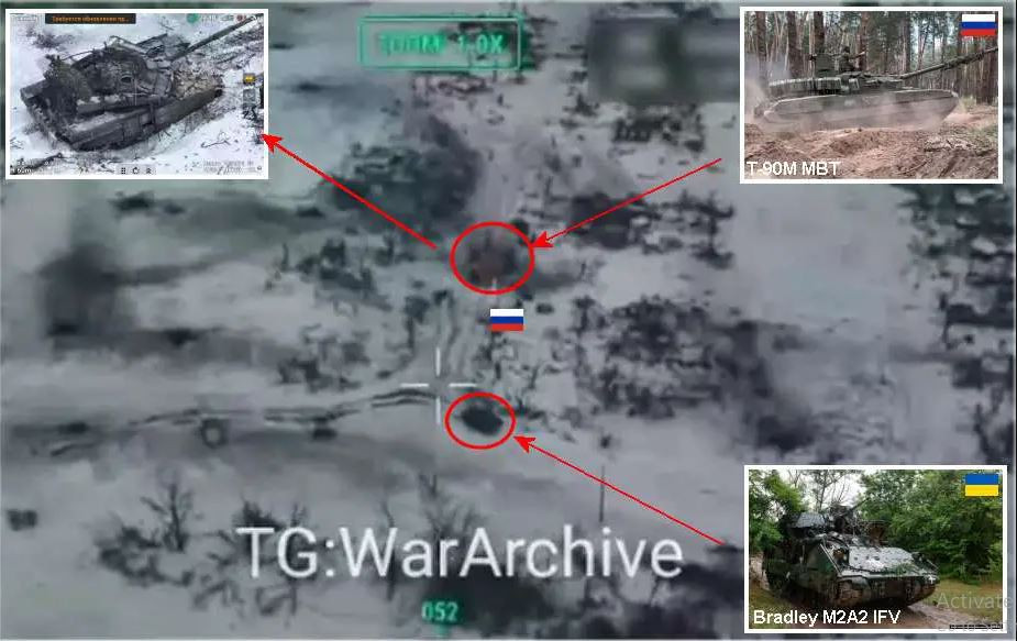 Sau đó, chiếc M2A2 Bradley thứ hai của Ukraine xuất hiện, hai chiếc Bradley tạo thành thế gọng kìm tấn công xe T-90M, đồng thời sử dụng pháo 25mm phát động tấn công vào hai bên sườn chiếc T-90M. Xe chiến đấu bộ binh Ukraine rất linh hoạt, khiến chiếc T-90M bị đánh trước, sau, trái, phải.