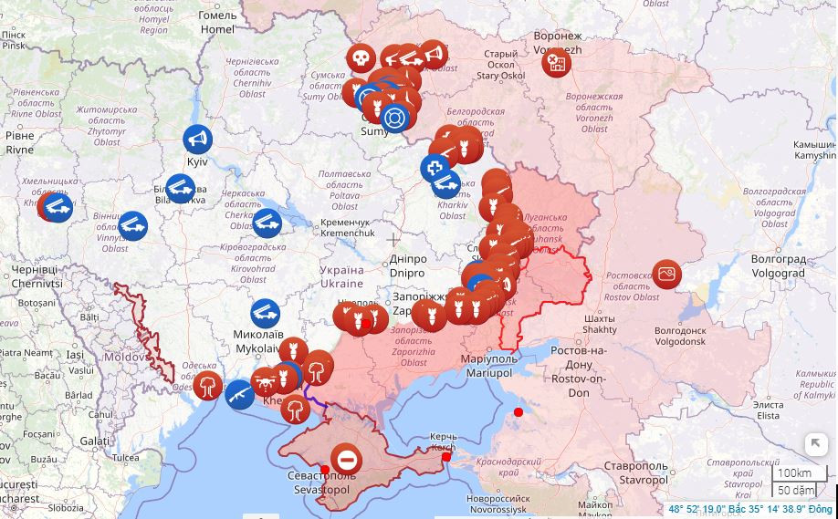 Theo thông tin từ trang web tin tức dữ liệu Texty của Ukraine, vào ngày 24 tháng 2 năm 2022, trước khi chiến tranh nổ ra, quân đội Nga đã kiểm soát 7% lãnh thổ Ukraine, bao gồm Bán đảo Crimea, Donetsk và một phần ba tỉnh Luhansk. 