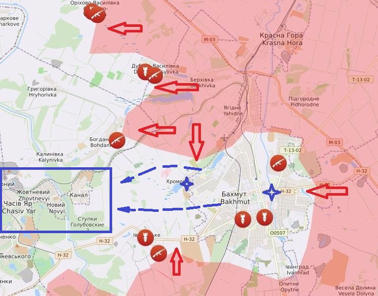 Đánh giá theo các tuyến đường triệt thoái của quân đội Ukraine, chủ yếu hướng về Chasiv Yar, một thị trấn nằm ở phía tây thành phố Bakhmut (cách Bakhmut 15 km theo trục đường 0506, con đường hiện bị quân Wagner phong tỏa); nơi họ tổ chức tuyến phòng thủ mới, nhằm ngăn bước tiến mạnh của quân Nga. 