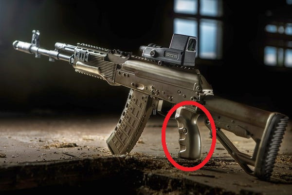 Tay cầm của AK-12 cũng được thiết kế kiểu tay nắm của súng ngắn, cho khả năng cầm nắm “chắc tay” hơn; đồng thời nó là nơi chứa hộp phụ tùng để bảo quản súng (phiên bản AK cũ để ở đế báng súng).