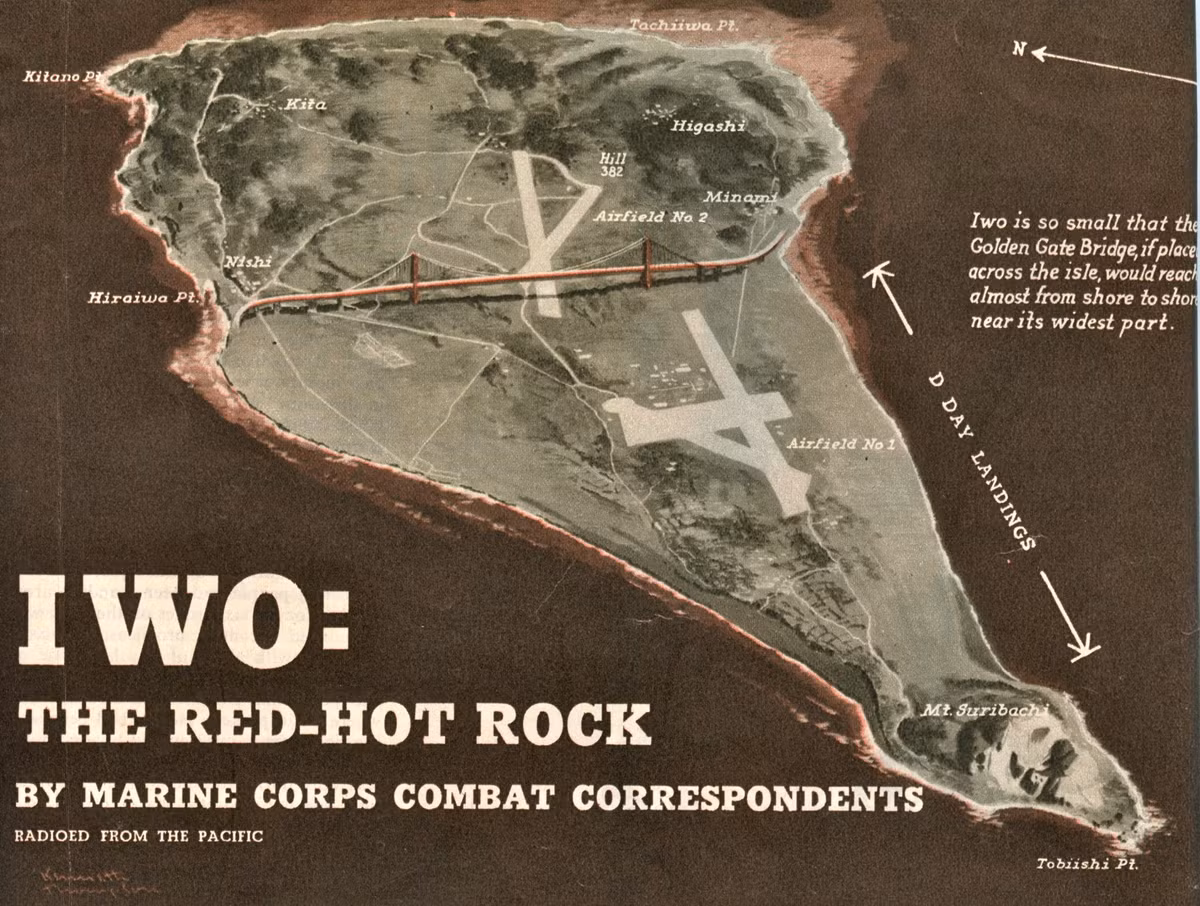 Mất Suribachi, người Nhật co về giữ phòng tuyến thứ nhất của họ chạy dài gần 3 km từ bờ phía tây qua góc phía nam sân bay số 2 đến bờ đông của đảo. Hệ thống phòng thủ của quân Nhật ở đây còn rất mạnh và thậm chí còn hơn cả khu vực phía Nam mà quân Mỹ vừa chiếm được. Nguồn ảnh: Warhistory.