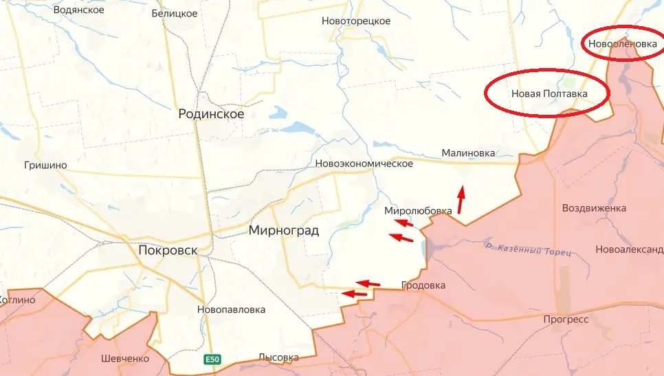 Kênh Muchnoy của Ukraine cho biết, quân Nga tiếp tục tiến vào khu vực trục đường T0504 Pokrovsk-Konstantinovka và đã tiến vào Novaya Poltavka. Còn chuyên gia quân sự Ukraine, Bogdan Miroshnikov cho rằng, RFAF đã khống chế hoàn toàn tuyến đường T0504, ở khu vực phía đông Pokrovsk.