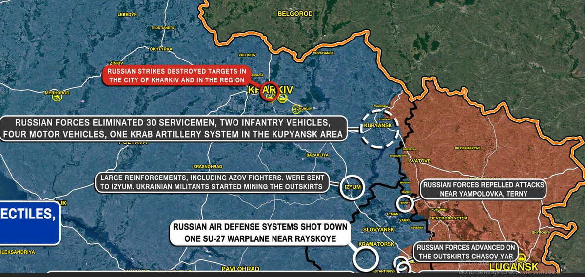 Trong khi đó, Bộ Tổng tham mưu Quân đội Ukraine lại có quan điểm hoàn toàn khác, tướng lĩnh Ukraine chú ý tới việc quân Nga tập trung trên trục Lugansk-Kharkov và không loại trừ việc Bộ Tổng tham mưu Quân đội Nga sẽ chọn hướng bắc, tập trung tấn công thành phố Kharkov.