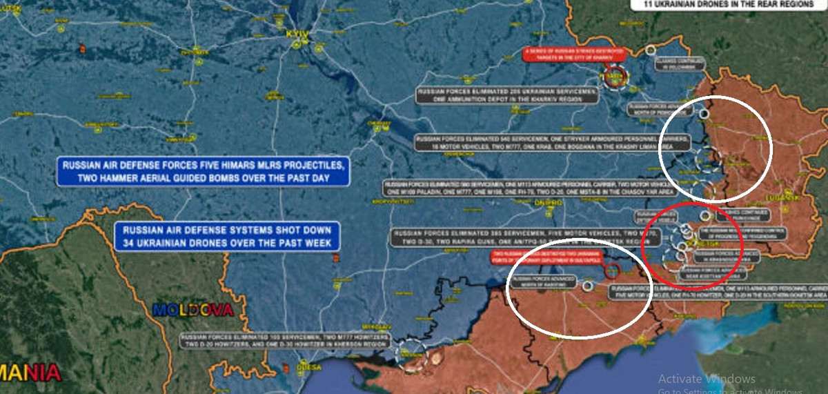 Thứ hai, trong chiến dịch tấn công mùa hè năm 2024 của Quân đội Nga, mục tiêu và kế hoạch chiến dịch tương đối rõ ràng. Về mục tiêu chiến dịch, có thể nhìn thấy quân Nga nghi binh ở phía bắc (Kharkov + Lugansk khoanh màu trắng) và phía nam (Zaporozhye khoanh màu trắng), tập trung tấn công ở giữa (khoanh màu đỏ). 