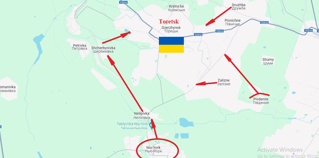 Hiện tại, do tiến độ của hai tuyến đường tương đối đồng đều, nên chúng ta không thể thấy được, đó là cuộc tấn công trực diện vào Toretsk từ Pivdenne- Zalizne; hay từ thị trấn New York đến Nelipivka và Shcherbynivka, sau đó tấn công vào bên sườn Toretsk.