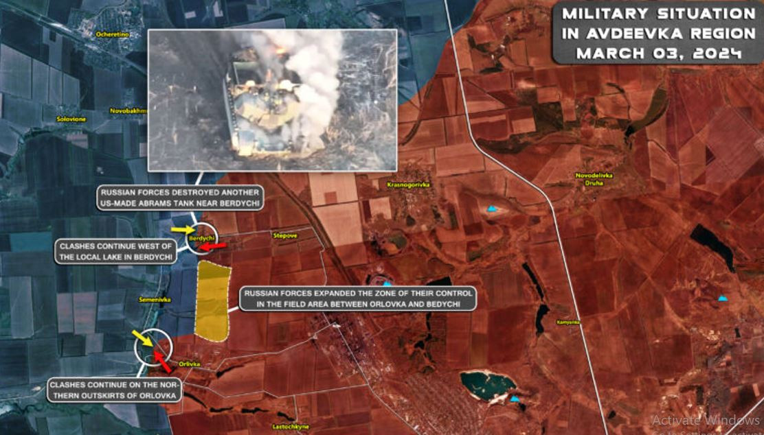 Chiếc Abrams thứ hai bị tiêu diệt vào khoảng ngày 3/3 theo đúng nghĩa đen, khi quả tên lửa chống tăng Kornet đầu tiên bắn trúng phần được bảo vệ tương đối yếu của thân xe tăng và xuyên qua lớp giáp bảo vệ động M-19 đi kèm.