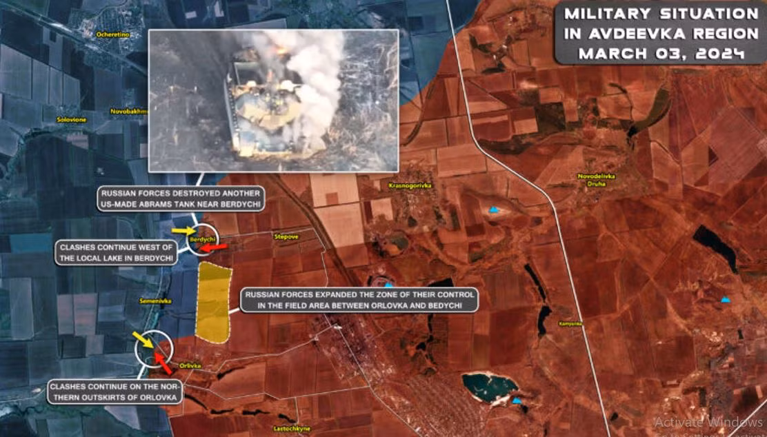 Chiếc Abrams thứ hai bị tiêu diệt vào khoảng ngày 3/3 theo đúng nghĩa đen, khi quả tên lửa chống tăng Kornet đầu tiên bắn trúng phần được bảo vệ tương đối yếu của thân xe tăng và xuyên qua lớp giáp bảo vệ động M-19 đi kèm.