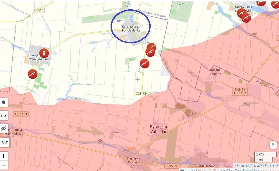 Phía bắc Ugledar, quân Nga đang xuyên thủng các tuyến phòng thủ của đối phương trên đường tiếp cận Bogoyavlenka. Các đơn vị tiến công cyuar Nga được sự chi viện tối đa của Lực lượng Không quân chiến thuật tấn công vào các trận địa pháo, điểm tập trung quân phía sau của Quân đội Ukraine.