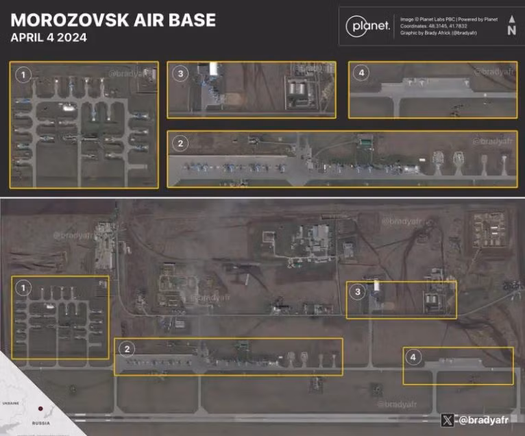 Quân đội Ukraine cũng tuyên bố đã phá hủy một số máy bay chiến đấu và máy bay ném bom của Ng, đang đậu trên các sân bay bên trong lãnh thổ Nga bằng UAV tự sát tầm xa. Tuy nhiên những bức ảnh vệ tinh có độ phân giải cao cho thấy, không có dấu vết của những chiếc máy bay Nga bị cháy. (Nguồn ảnh: Sputnik, Topwar, Ukrinform, CNN).