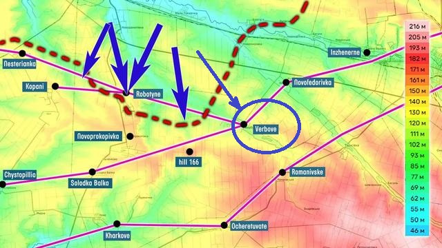 Trong bối cảnh đó, quân Ukraine chuyển tấn công sang phía đông vào làng Verbovoye, việc chiếm được Verbovoye sẽ cho phép quân đội Ukraine tiếp cận Rabotino từ sườn phía đông. 