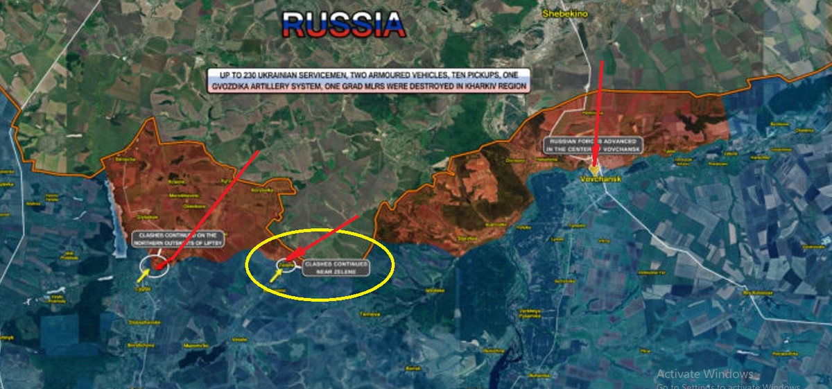 Trên thực tế, để đảm bảo an ninh cho Belgorod, Quân đội Nga cần mở một mặt trận khác ở giữa hai hướng tiến công của họ, để nối hướng đông và hướng tây và tiến sâu hơn nữa về phía nam. Đặt thành phố Kharkov vào trong tầm đe dọa của pháo binh Nga; như vậy mới bảo an ninh cho Belgorod. Nếu không, khi quân Ukraine nã pháo từ đây, Belgorod vẫn phải hứng đạn. (Nguồn ảnh: Topwar, Rybar, Ukrinform).