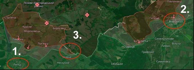 Theo hướng tiến công vào Kharkov, trên cánh phía tây (số 1 trên bản đồ), Quân đội Nga ít nhất phải chiếm được cứ điểm Liptsy; tốt nhất là chiếm toàn bộ tuyến phòng thủ của quân Ukraine từ Liptsy đến Rubizhne và xây dựng tuyến phòng thủ ở đây. Bằng cách này, vùng đệm an toàn mới đủ chiều sâu cho chiến lược tấn công và phòng thủ. 