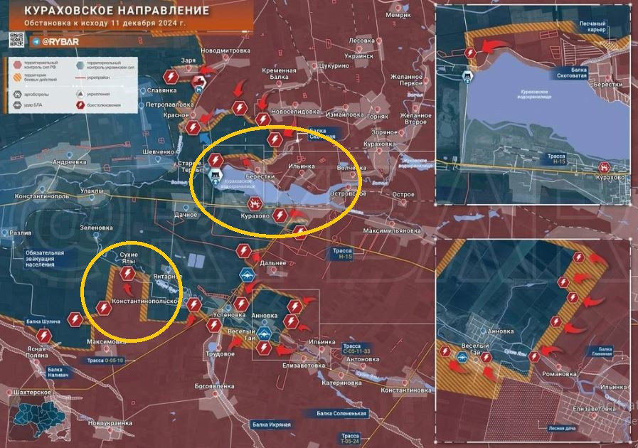 Kênh DeepState liên kết với Bộ Quốc phòng Ukraine viết rằng, bước tiến đáng kể nhất của RFAF được ghi nhận ở phần phía nam Donetsk. Ở đó, việc bao vây các khu dân cư lớn như Kurakhove và Velikaya Novoselka vẫn tiếp tục diễn ra.