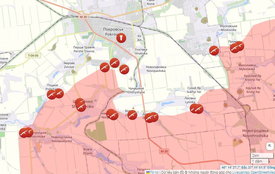 Tại khu vực thành phố Pokrovsk, RFAF đã tích cực tạo thế bao vây thành phố này, khi mở rộng thêm 33 km vuông trong một tuần. Trong tuần qua, RFAF đã chiếm các làng Novopustynka, Shevchenko, Dachenskoye, cách Pokrovsk vài km về phía nam.
