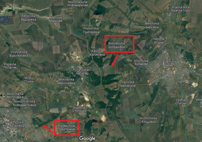 Theo Bộ Tổng tham mưu Quân đội Ukraine, quân Nga đang quyết tâm tấn công chiếm giữ hai khu dân cư là Bogdanovka và Predtechino với tần xuất nhiều lần và như “suốt ngày đêm". Trong đó Predtechino nằm ngay cạnh đường cao tốc nối Bakhmut với Konstantinovka, hiện vẫn nằm dưới sự kiểm soát của Ukraine. 