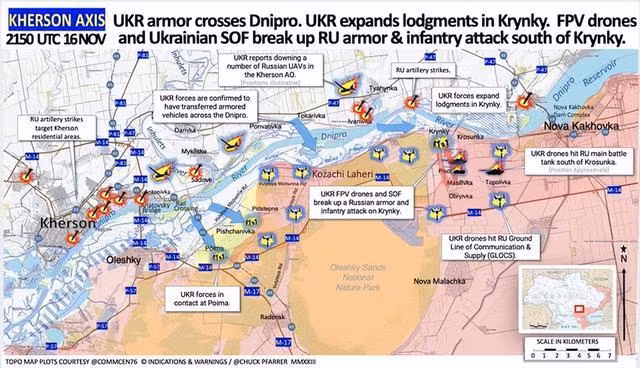 Trước đó, ít nhất 4 nhóm quân thuộc Lữ đoàn Thủy quân lục chiến số 35 và 36 của nhóm Katran, đã tìm cách đổ bộ xuống cầu đường sắt trên đảo Aleshkinsky ở hạ lưu Krynki và cố gắng tiến tới Peschanovka và Aleshki.