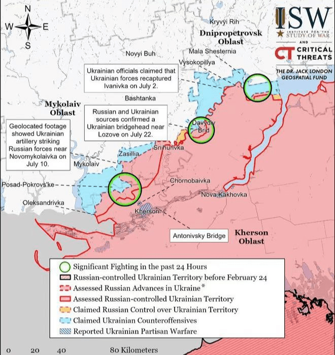 Theo thông tin được Viện nghiên cứu Chiến tranh của Mỹ đăng tải, Quân đội Ukraine đã giành lại quyền kiểm soát 3 khu dân cư tại Kherson, nhưng khả năng Quân đội Ukraine sẽ không vội phát động một cuộc tấn công quy mô lớn, mà tiếp tục sử dụng việc bao vây Kherson như một giải pháp, nhằm làm giảm áp lực cho khu vực Donbass đang nguy ngập. 