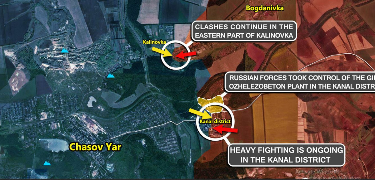 Ở khu vực tiểu khu Kanal ở phía đông thàn phố Chasov Yar, Sư đoàn dù cận vệ 98 của Nga đang tiến rất chậm ở tiểu khu Kanal của thành phố, trước sự kháng cự quyết liệt của các đơn vị Ukraine đang phòng thủ ở đây.