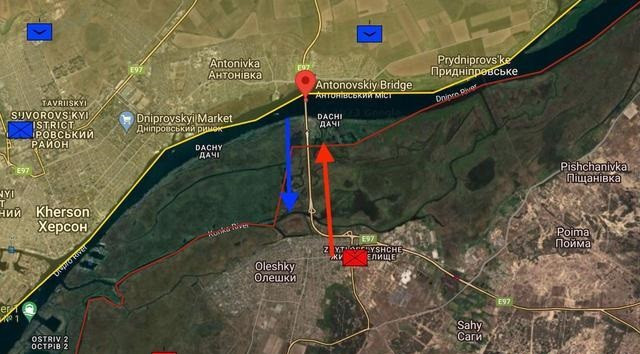 Theo một số thông tin, quân đội Nga đã tiến hành các hoạt động trinh sát gần cầu Antonov và lên kế hoạch tiêu diệt quân Ukraine một cách có hệ thống. Một lính công binh Nga cho biết: "Quân đội Ukraine muốn xây dựng một đầu cầu đổ bộ để tiến sâu hơn vào thành phố Aleshka và buộc lực lượng phòng thủ tuyến đầu của Nga phải rút lui khỏi tả ngạn”. Ảnh: Topcor.