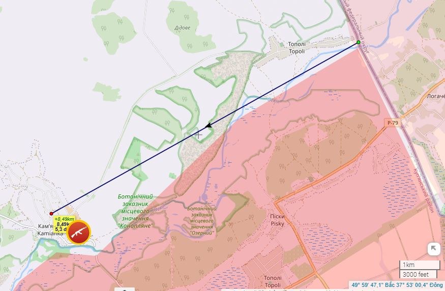 Tiếp đến là việc RFAF tiếp tục mở rộng vị trí đầu cầu ở phía bắc sông Oskol. Ngày 28/4, Bộ Quốc phòng Nga thông báo rằng Cụm quân phía Tây RFAF, đã chiếm được làng Kamyanka ở bờ tây sông Oskol. Ngôi làng cách biên giới Nga-Ukraine chưa đầy 9 km.