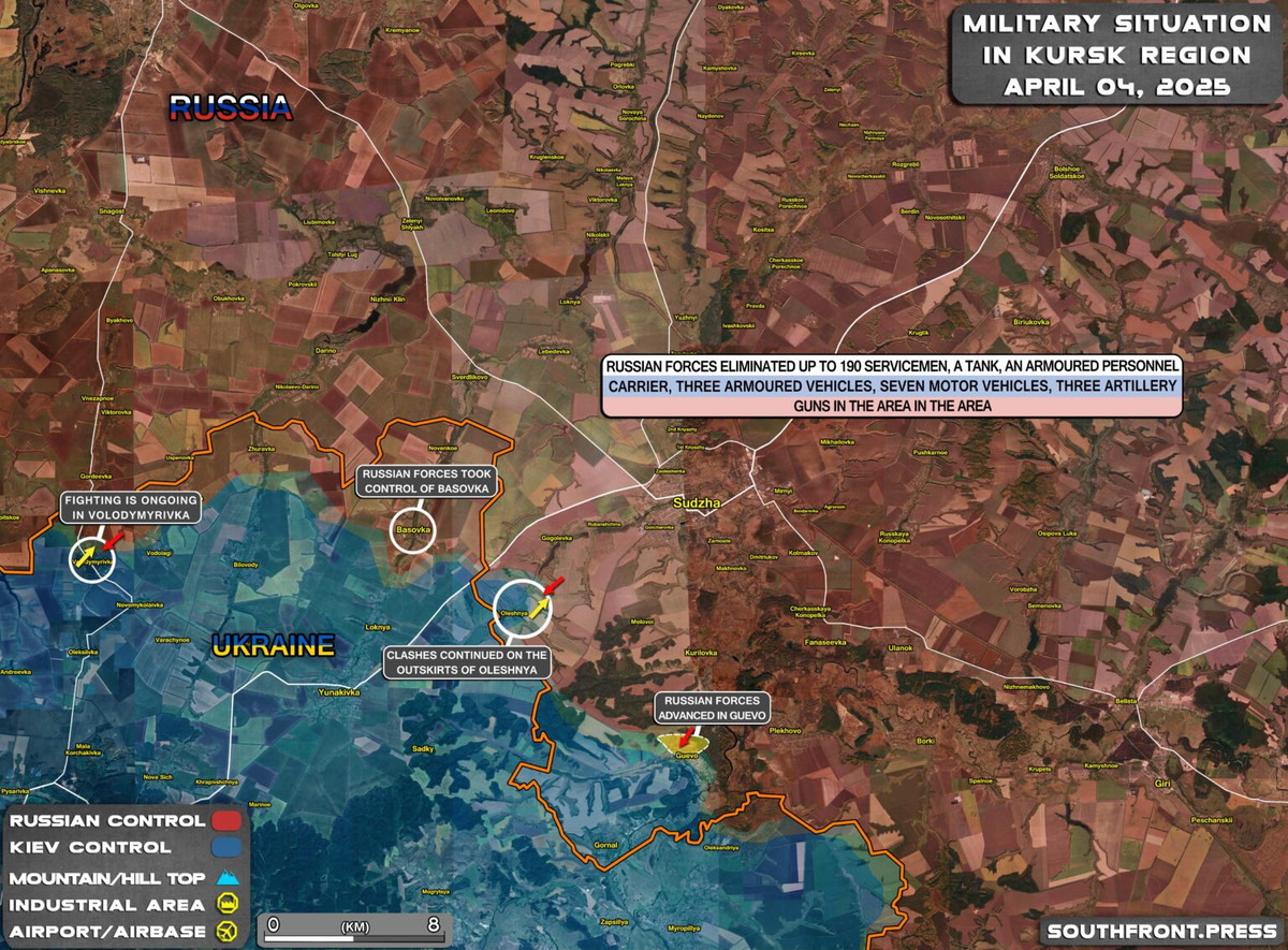 Vào ngày 2/4, tại quận Suzhasky thuộc tỉnh Kursk của Nga, quân đội Nga (RFAF) đã tiến hành chiến dịch dọn dẹp quân đội Ukraine (AFU) còn sót lại ở khu vực biên giới và đang dần ổn định tình hình. Quân Nga đã dọn sạch tàn quân của bộ binh và xe bọc thép Ukraine, còn ẩn náu trong các cánh rừng.