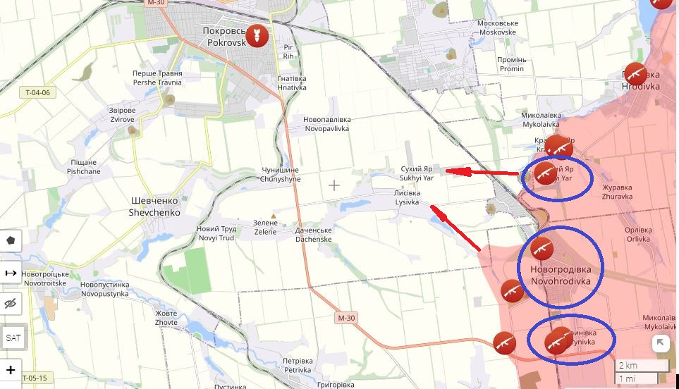 Trong những ngày qua, quân Nga đã tích cực đánh địch tạo thế, bóc lớp vỏ ngoài của Pokrovsk. Trên hướng Novohrodivka, phía đông nam thành phố Pokrovsk, Quân đội Nga tiến 1,24 km về phía tây dọc theo mặt trận rộng 2,3 km, chiếm làng Krasnyi Yar và Mykolaivka, tạo được chỗ đứng vững chắc. 