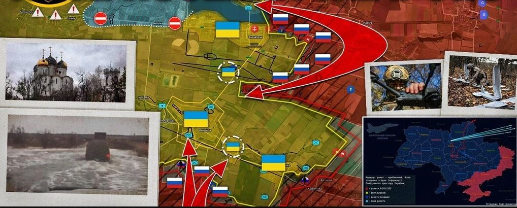 Trong khi ở hướng sườn đông của Cụm quân Vostok đang tiến về hướng nam thành phố Kurakhove, hợp vây với Cụm quân Trung tâm, để đè bẹp sự kháng cự của cụm quân Ukraine ở đây; đặc biệt là nhóm quân Ukraine ở tuyến phòng thủ dọc sông Sukhi Yaly. Còn phía sườn tây của Cụm Vostok đã tiến công trên hướng mỏm đá Vremevsky cũ và chiếm làng Makarovka.