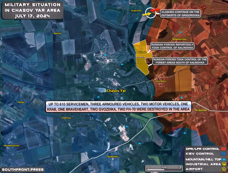 Tuy nhiên, đằng sau niềm vui chiến thắng, Quân đội Ukraine cũng phải đối mặt với những thách thức gay gắt. Ở mặt trận Chasov Yar, quân Nga đã hoàn toàn kiểm soát làng Kalinivka, buộc Quân đội Ukraine phải rút về phía bờ tây kênh đào Severski Donets - Donbass.