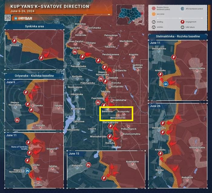 Theo hướng này, Quân đội Nga hiện đã chiếm được các làng như Krokhmarine, Berestove, Novoselivsk (khoanh ô màu vàng trên bản đồ). Khoảng ngày 26/6, Quân đội Nga đã tiếp cận thành công vào làng Stel'makhivka, cả hai bên đều đang chiến đấu quyết liệt vì mục tiêu quan trọng này. 
