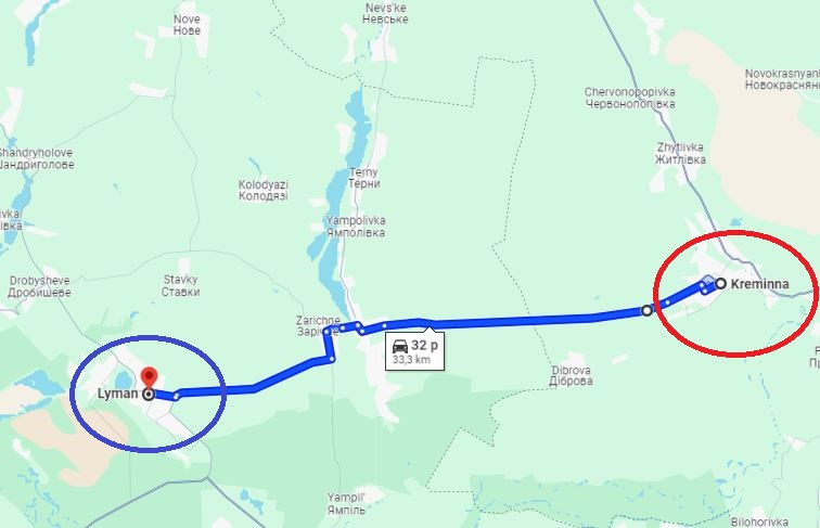 Đầu tiên, chúng ta hãy quan sát vào phía nam mặt trận Lyman-Kreminna, chiến trường này nằm ở phía tây Kreminna (do Nga kiểm soát) và phía đông Lyman (Ukraine kiểm soát), trải dài dọc theo hai bên sông Zhelebetsi. Khu vực này là tâm điểm đấu hỏa lực giữa hai bên, kể từ khi nổ ra xung đột Nga-Ukraine.