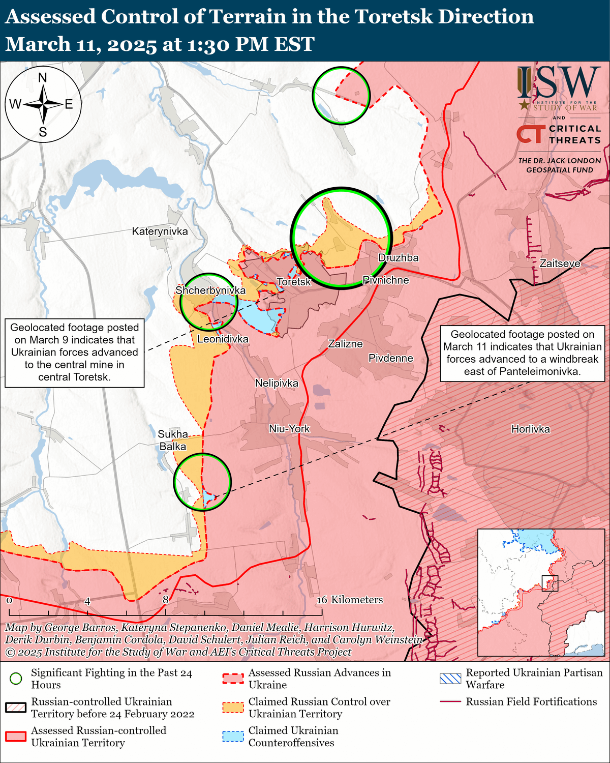 Bản đồ của Viện Nghiên cứu Chiến tranh Mỹ (ISW), được cập nhật vào ngày 11/3, đã bổ sung một số đặc điểm mới ở Toretsk, khi có 9 nhóm nhỏ và 2 nhóm vừa đã hình thành trong thành phố. Nơi sâu nhất nằm ở trung tâm thành phố, gần sân vận động địa phương. 