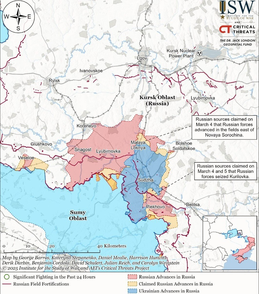 Trong thông tin chiến sự của mình, Viện Nghiên cứu Chiến tranh (ISW) có trụ sở tại Mỹ cho biết, theo cảnh quay định vị địa lý từ ngày 10/3, các đơn vị Nga đã tiến vào trung tâm Martynovka, phía đông bắc Sudzha, đồng thời đang chuẩn bị cho một cuộc tổng tấn công quyết định vào thị trấn chiến lược. 