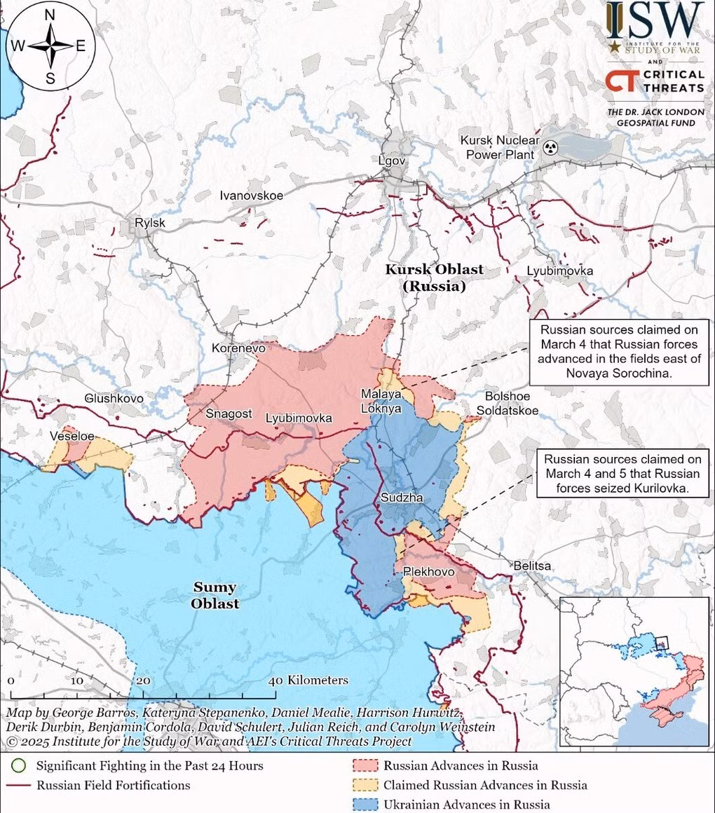 Trong thông tin chiến sự của mình, Viện Nghiên cứu Chiến tranh (ISW) có trụ sở tại Mỹ cho biết, theo cảnh quay định vị địa lý từ ngày 10/3, các đơn vị Nga đã tiến vào trung tâm Martynovka, phía đông bắc Sudzha, đồng thời đang chuẩn bị cho một cuộc tổng tấn công quyết định vào thị trấn chiến lược. 