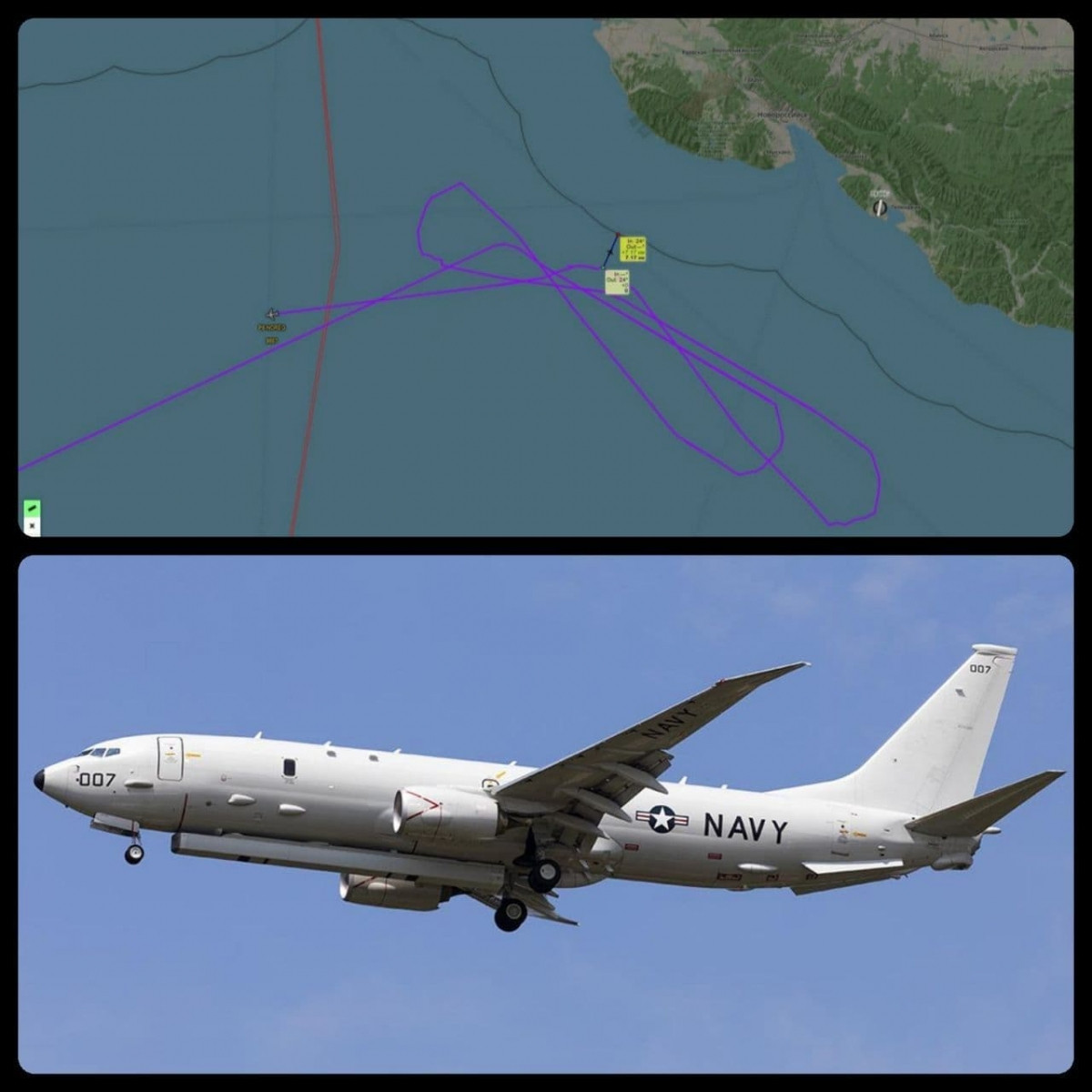 Hình ảnh cho thấy, đường bay của chiếc máy bay tuần thám P-8A Poseidon đã thực hiện hành động khiêu khích một cách khá cố ý; nhưng chưa biết liệu máy bay chiến đấu của Không quân Nga có xuất kích đánh chặn chiếc P-8A của Hải quân Mỹ hay không?