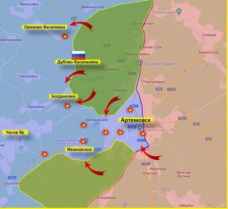 Tuy nhiên, hỏa lực pháo hạng nặng của Quân đội Nga đảm nhiệm bảo vệ bên sườn lính đánh thuê Wagner đã đẩy lùi quân Ukraine phản công về hướng Konstantinovka, nơi các trận chiến đang diễn ra gần làng Predtechino. 
