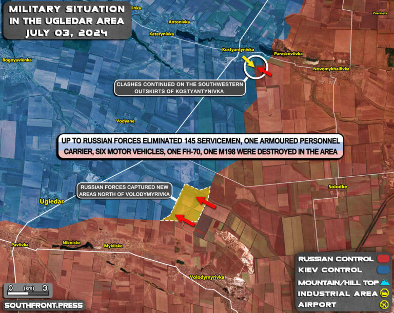Trên mặt trận Ugledar ở chiến trường nam Donetsk, Quân đội Nga cũng tiến thêm 2 km và chiếm điểm cao chiến thuật ở phía đông thành phố Ugledar. Nên nhớ, chiến tuyến theo hướng này đã lâu không thay đổi, do vậy cuộc tiến công của Quân đội Nga có thể là do đơn vị mới vào thay quân ở mặt trận này.
