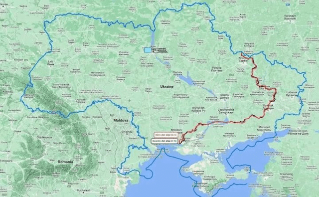 Hai ngày trước, một tạp chí kinh doanh của Ukraine, đã đăng tải bản đồ tình hình chiến sự, so sánh các chiến tuyến trong hơn 1 tháng qua và kết luận rằng, từ ngày 10/7 (đường đen) đến ngày 14/8 (đường đỏ), trên một mặt trận trải dài hơn 1.000km từ bắc xuống nam, quân Nga vẫn chưa có bất cứ sự phát triển nào.