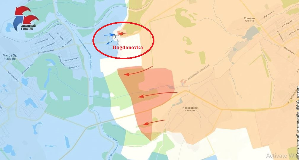 Để bảo vệ bên sườn tiến công vào Chasiv Yar, tại đông bắc Chasiv Yar, quân Nga đã đạt được tiến bộ đáng kể ở làng Bogdanovka. Ngoài ra, quân Nga còn tiến từ tuyến đường sắt về phía khu rừng gần Bogdanovka, nắm quyền kiểm soát nhiều vị trí mới.