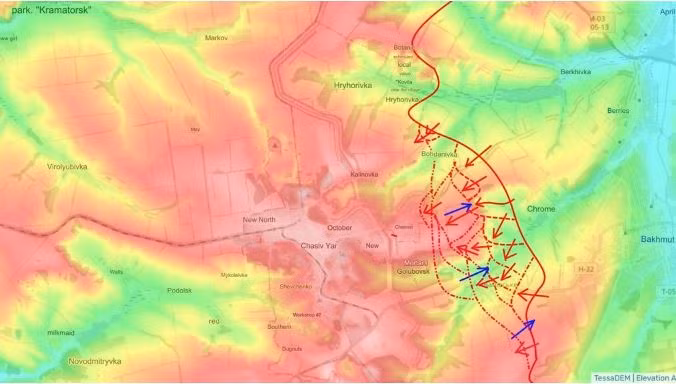 Rất có thể ý định của Nga là tấn công tổng lực vào Chasiv Yar, giành quyền kiểm soát những khu vực trọng điểm như mỏ Severny và tiến từ bắc xuống nam về phía ga xe lửa Chasov Yar, thực hiện vu hồi qua và phong tỏa nhà máy vật liệu chịu lửa.