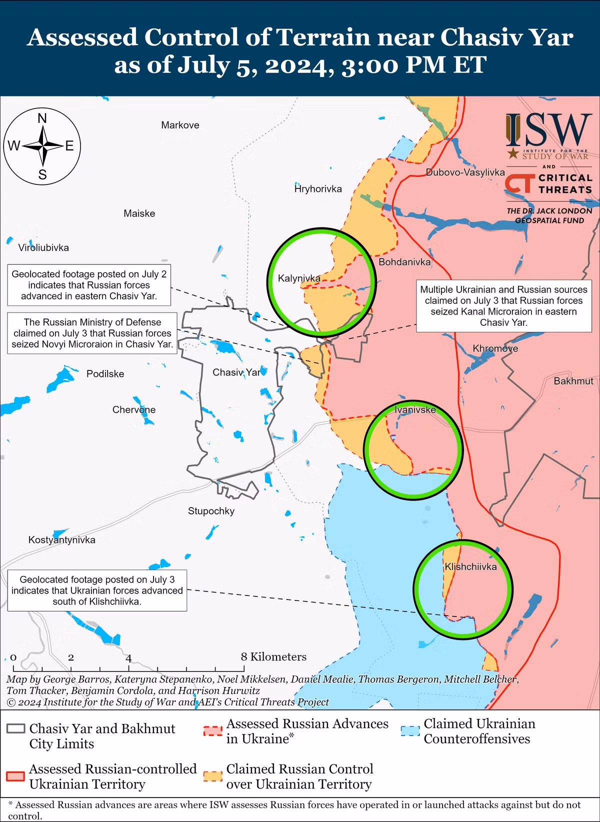 Trên bản đồ của Viện nghiên cứu chiến tranh Mỹ (ISW) ngày 3/7 cho thấy, khu vực cuối cùng của tiểu khu Novy phía đông thành phố Chasov Yar (thường được gọi là Kanal) có màu hồng. Do đó, phần khu dân cư được đề cập, cùng với khu rừng liền kề, đã hoàn toàn nằm dưới sự kiểm soát của Sư đoàn Dù 98 của Nga. 