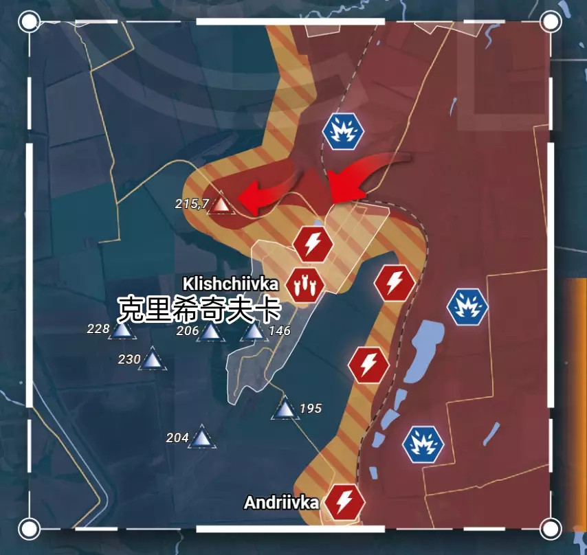 Ở hướng phía nam Bakhmut, tình hình hiện tại vẫn chưa rõ ràng, sau khi Lữ đoàn bộ binh cơ giới số 4 của Nga và Biệt đội Akhmat của vệ binh Chechen chiếm được điểm cao 215,7 ở phía bắc Krischivka, họ dường như không tiến sâu hơn vào làng để tiến hành truy quét.