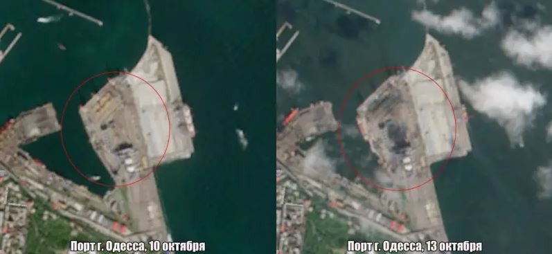 Nếu trong bức ảnh đầu tiên chụp ngày 10/10, toàn bộ cơ sở hạ tầng còn nguyên vẹn, thì trong bức ảnh thứ hai chụp ngày 13/10 có thể thấy rõ hậu quả của cuộc tấn công của tên lửa Nga, đặc biệt là sự phá hủy đối với các cần cẩu dùng để dỡ hàng. 