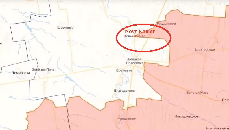 Còn theo một số nguồn tin của Ukraine trên mạng xã hội Telegram cho biết, việc kết nối giữa các đơn vị quân Ukraine ở cứ điểm Velyka Novosyolka với lực lượng chính của quân Ukraine ở Donbass đã bị gián đoạn; nguyên nhân là do quân Nga đã chiếm được làng Novy Komar, cắt đứt nguồn cung cấp cho các đơn vị Ukraine ở Velikaya Novoselka.