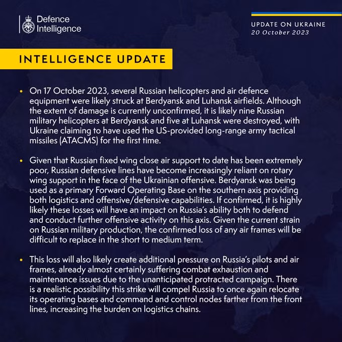 Tuy nhiên tên lửa ATACMS sử dụng đạn chùm sẽ phát huy tốt tác dụng khi bắn phá các mục tiêu như sân bay với máy bay đỗ lộ thiên (không có hầm chứa). Trong báo cáo tóm tắt của Bộ Quốc phòng Anh vào ngày 19/10 cho biết, Nga đã thiệt hại 14 trực thăng trong các cuộc tấn công bằng tên lửa ATACMS của Ukraine vào hai sân bay. 