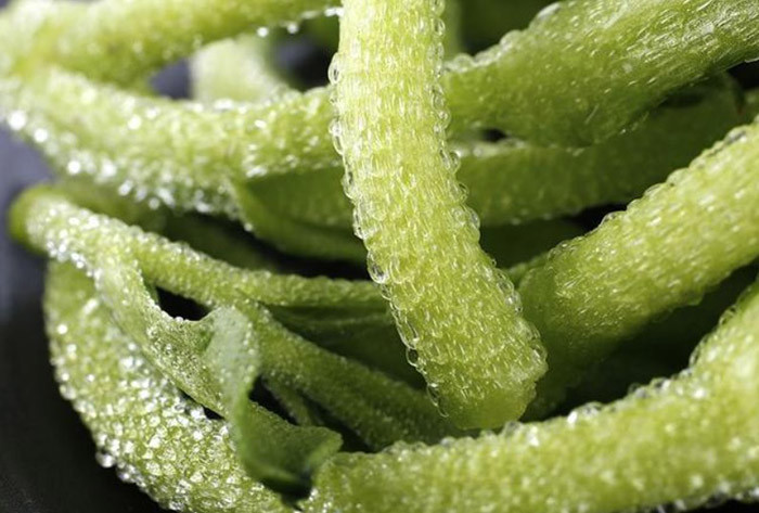 Điểm độc đáo của loại rau băng này là trên bề mặt của nó có những giọt nước trong phư pha lê, khi cắn vào có cảm giác như các hạt vỡ ra, vị hơi mặn, chua nhẹ rất độc đáo.